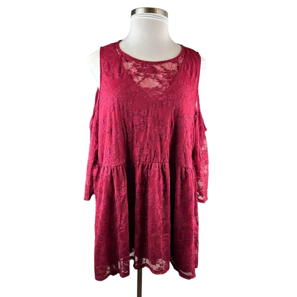 Torrid Babydoll Stretch Lace Cold Shoulder Top Biking Red Plus Size 4 4X - Picture 2 of 15
